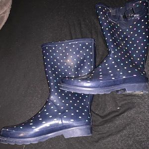 Navy blue and rainbow polka dot rain boots